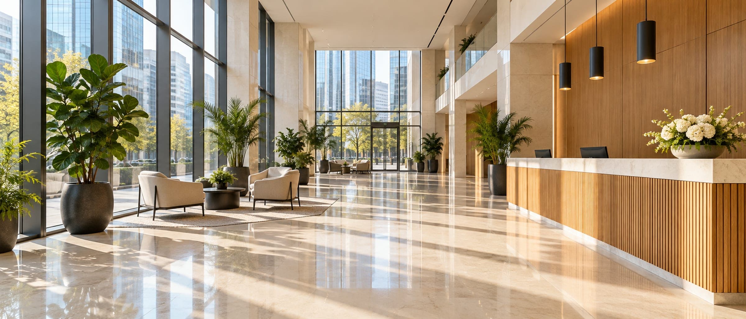 Bright office building lobby with polished stone floors, tall windows and a wood reception desk