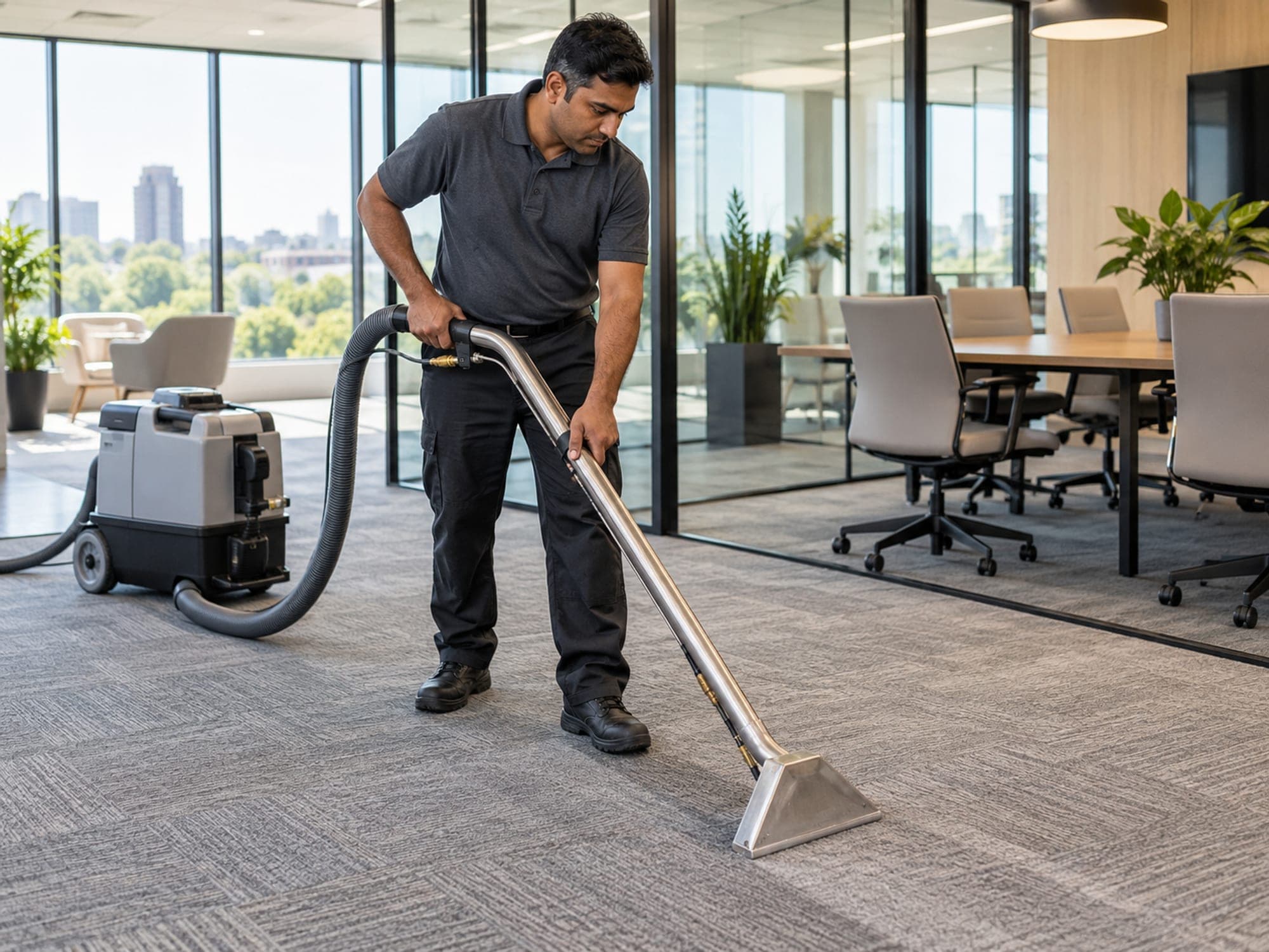 Man deep-cleaning office carpet with a commercial carpet extractor