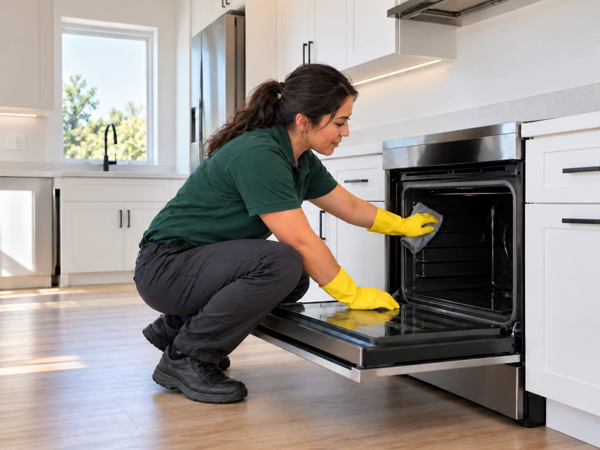 Woman cleaning inside an oven with a cloth in an empty apartment kitchen during a move-out clean
